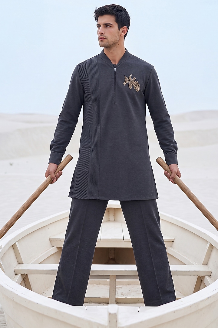 Grey Knit Embroidered Kurta Set by AMIT ARORA at Pernia's Pop Up Shop