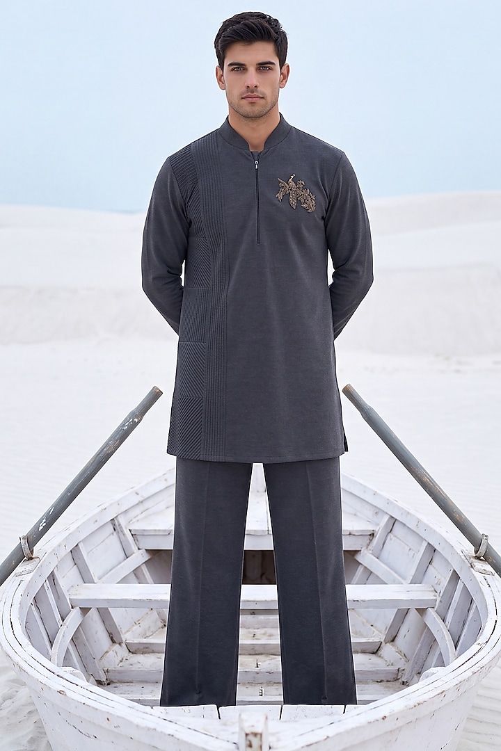 Grey Knit Embroidered Kurta Set by AMIT ARORA at Pernia's Pop Up Shop