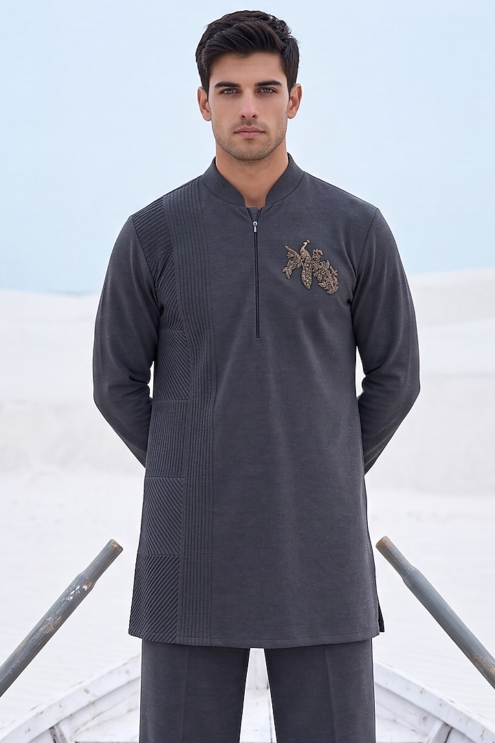 Grey Knit Embroidered Kurta Set by AMIT ARORA at Pernia's Pop Up Shop