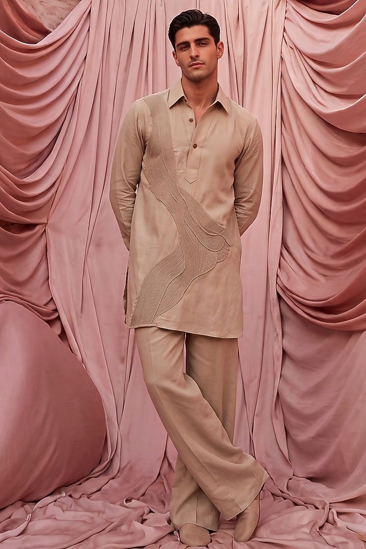 Beige Knit Dori Embroidered Kurta Set by AMIT ARORA at Pernia's Pop Up Shop