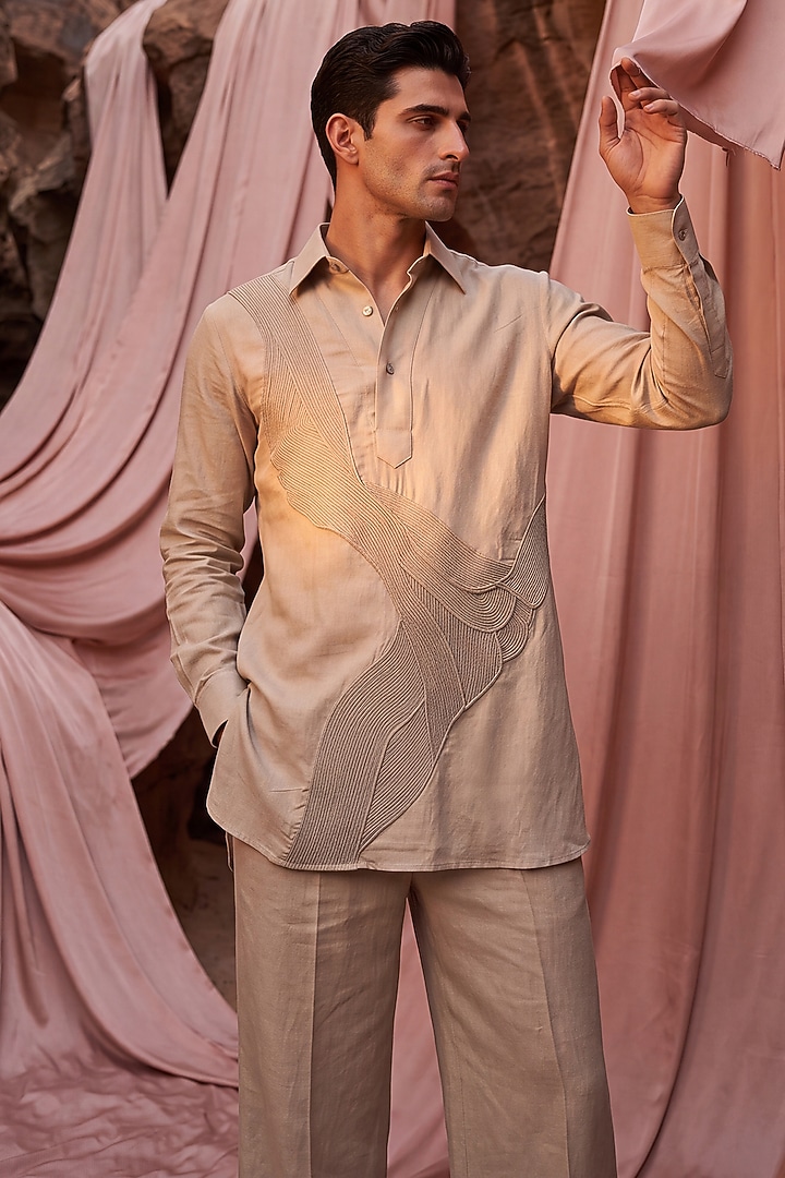 Beige Knit Dori Embroidered Kurta Set by AMIT ARORA at Pernia's Pop Up Shop