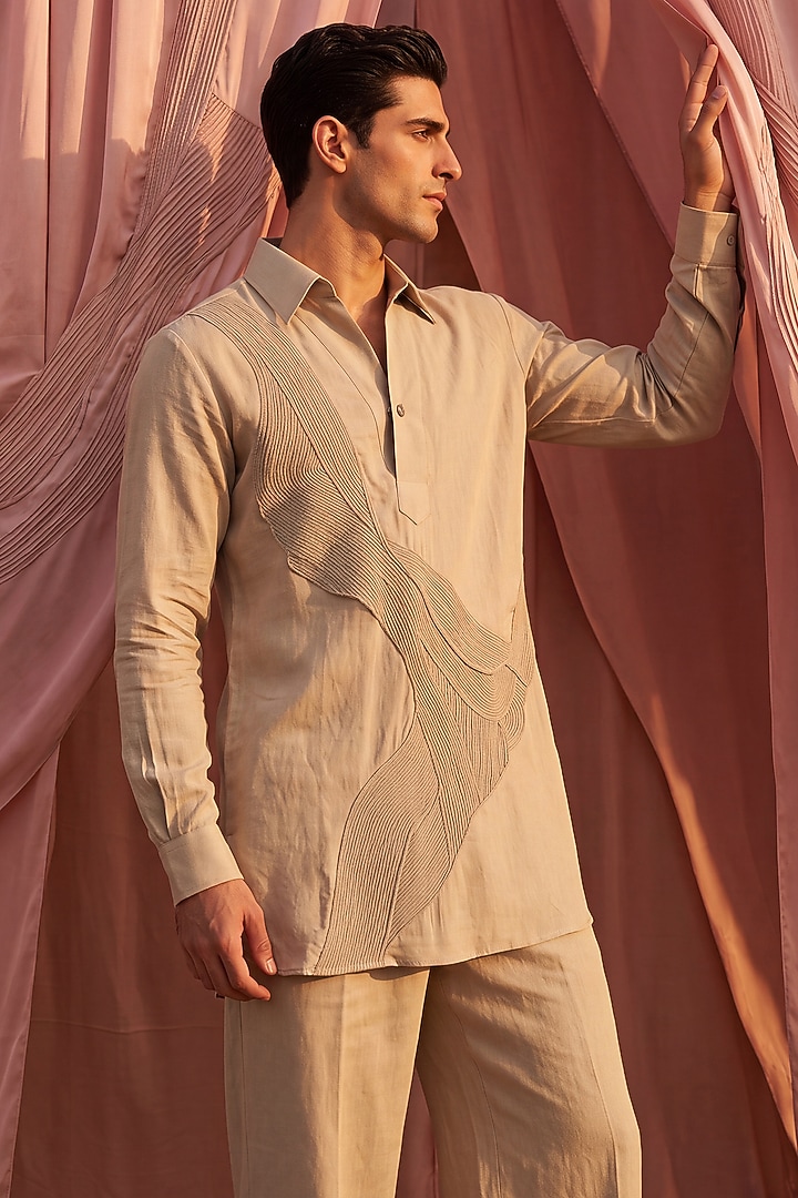 Beige Knit Dori Embroidered Kurta Set by AMIT ARORA at Pernia's Pop Up Shop