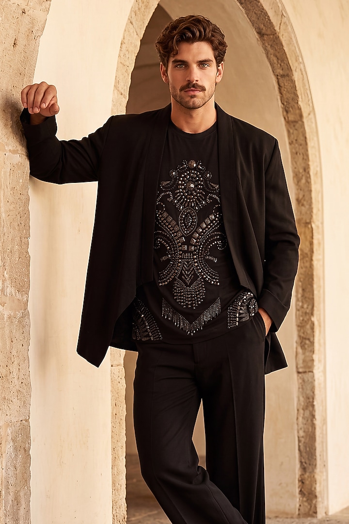 Black Knit Embroidered Cape Set by AMIT ARORA at Pernia's Pop Up Shop