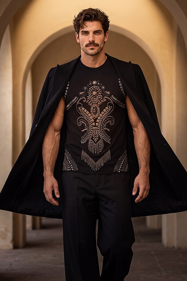 Black Knit Embroidered Cape Set by AMIT ARORA at Pernia's Pop Up Shop
