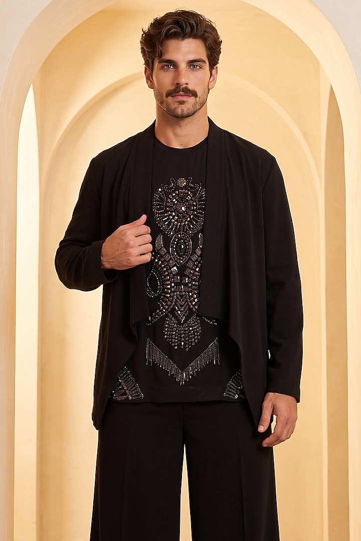 Black Knit Embroidered Cape Set by AMIT ARORA at Pernia's Pop Up Shop