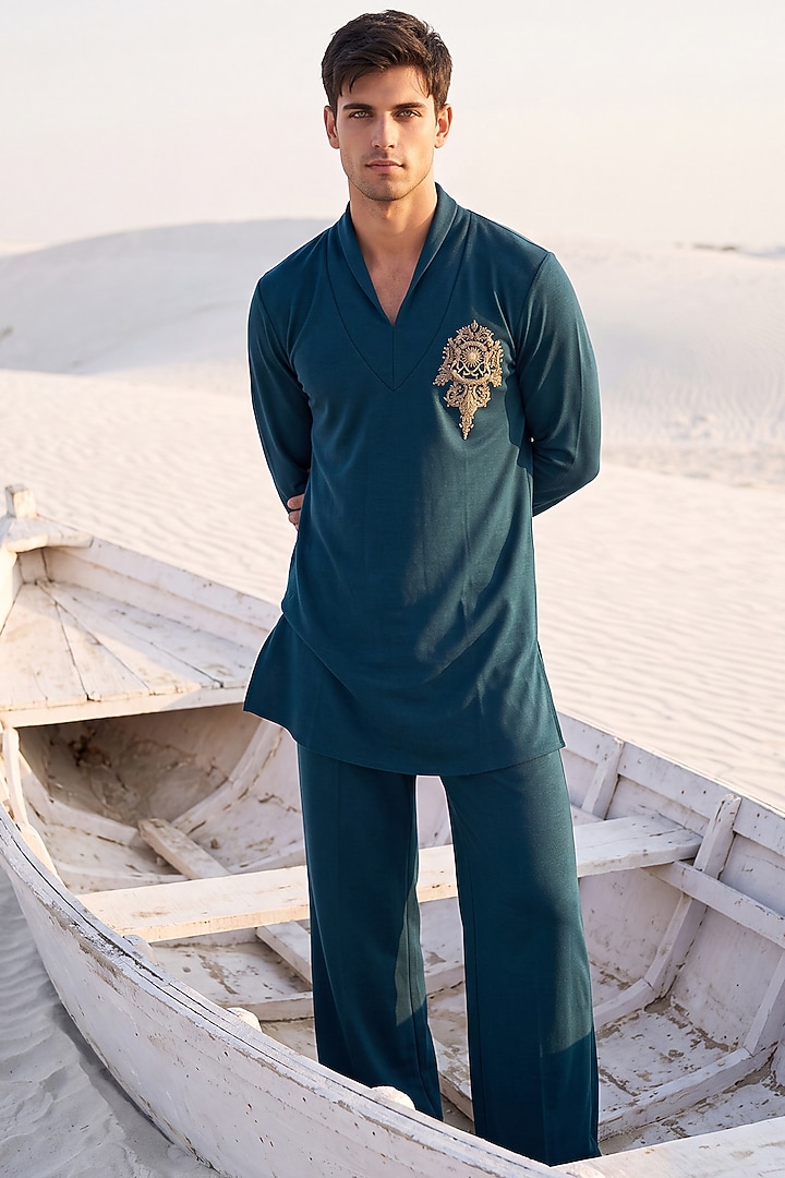 Turquoise Knit Embroidered Kurta Set by AMIT ARORA at Pernia's Pop Up Shop
