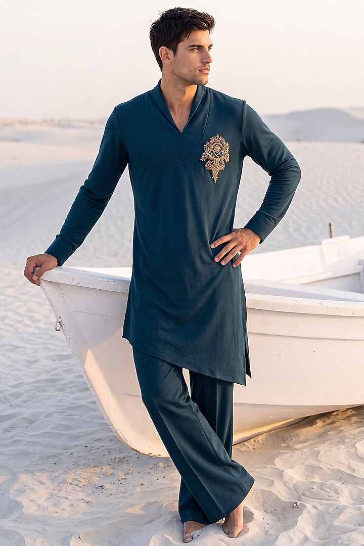 Turquoise Knit Embroidered Kurta Set by AMIT ARORA at Pernia's Pop Up Shop