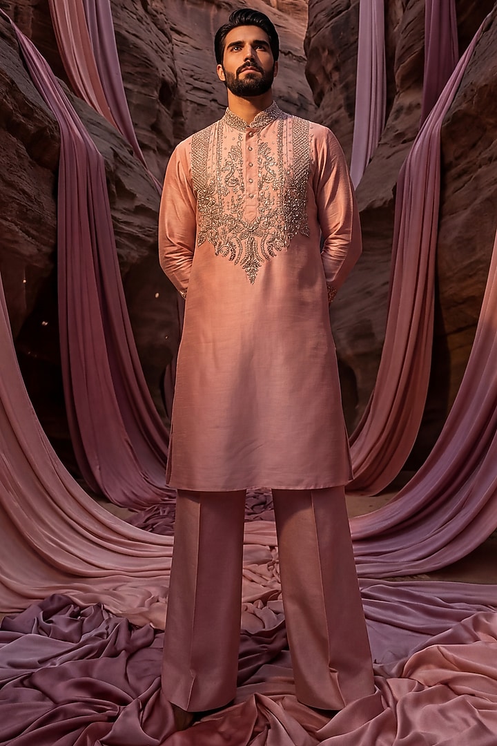 Pink Chanderi Silk Embroidered Kurta Set by AMIT ARORA at Pernia's Pop Up Shop
