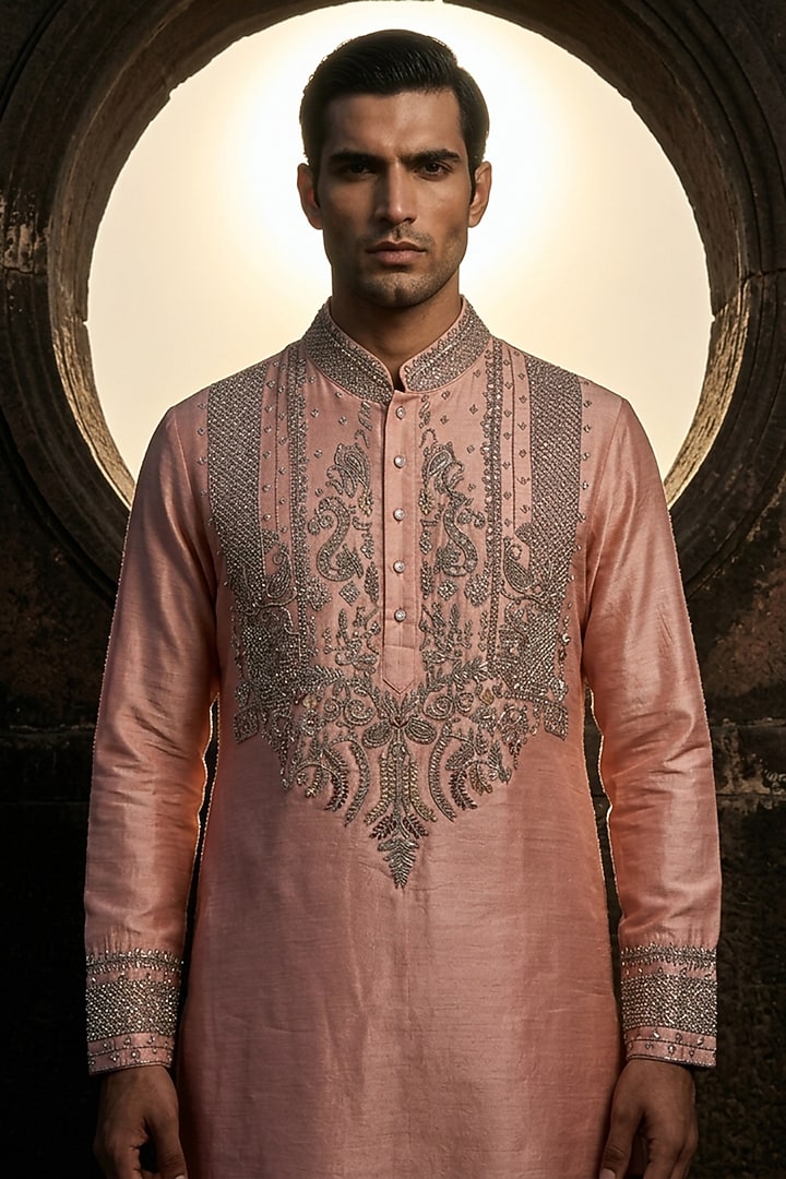Pink Chanderi Silk Embroidered Kurta Set by AMIT ARORA at Pernia's Pop Up Shop