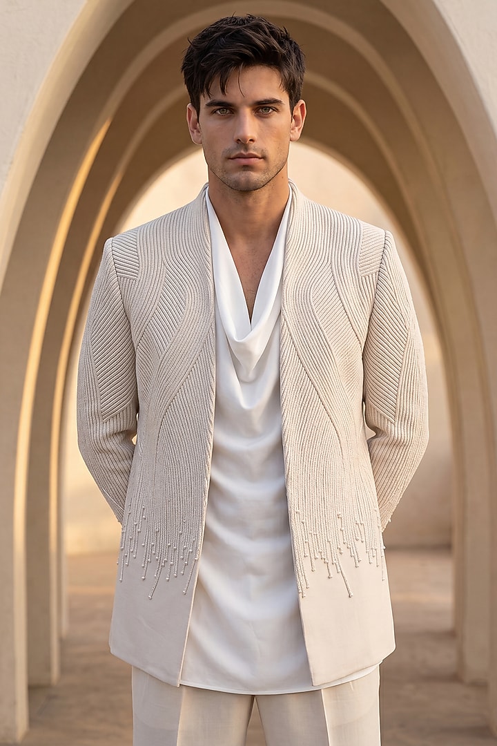 Beige Knit Dori Embroidered Front-Open Groom Indowestern Set by AMIT ARORA at Pernia's Pop Up Shop