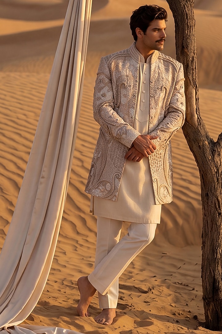 Beige Twill Knit Embroidered Groom Indowestern Set by AMIT ARORA at Pernia's Pop Up Shop
