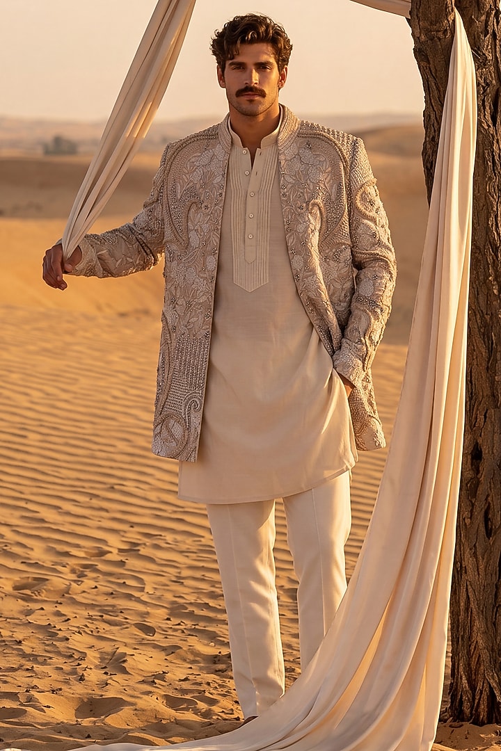 Beige Twill Knit Embroidered Groom Indowestern Set by AMIT ARORA at Pernia's Pop Up Shop