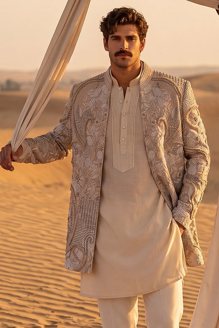 Beige Twill Knit Embroidered Groom Indowestern Set by AMIT ARORA at Pernia's Pop Up Shop