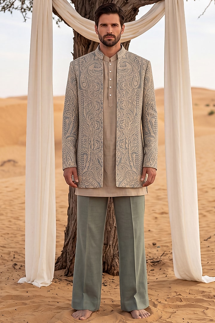 Sage Green Knit Dori Embroidered Textured Wedding Indowestern Set by AMIT ARORA at Pernia's Pop Up Shop