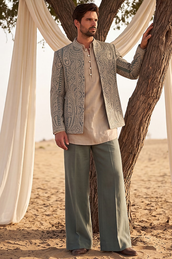 Sage Green Knit Dori Embroidered Textured Wedding Indowestern Set by AMIT ARORA at Pernia's Pop Up Shop