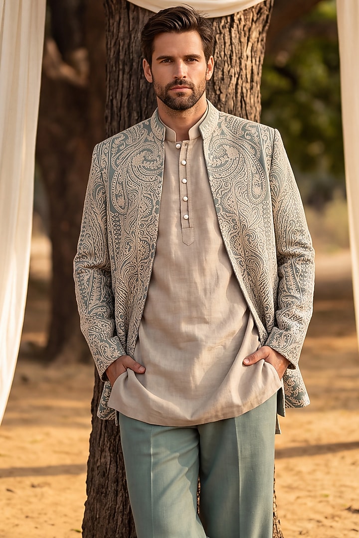 Sage Green Knit Dori Embroidered Textured Wedding Indowestern Set by AMIT ARORA at Pernia's Pop Up Shop