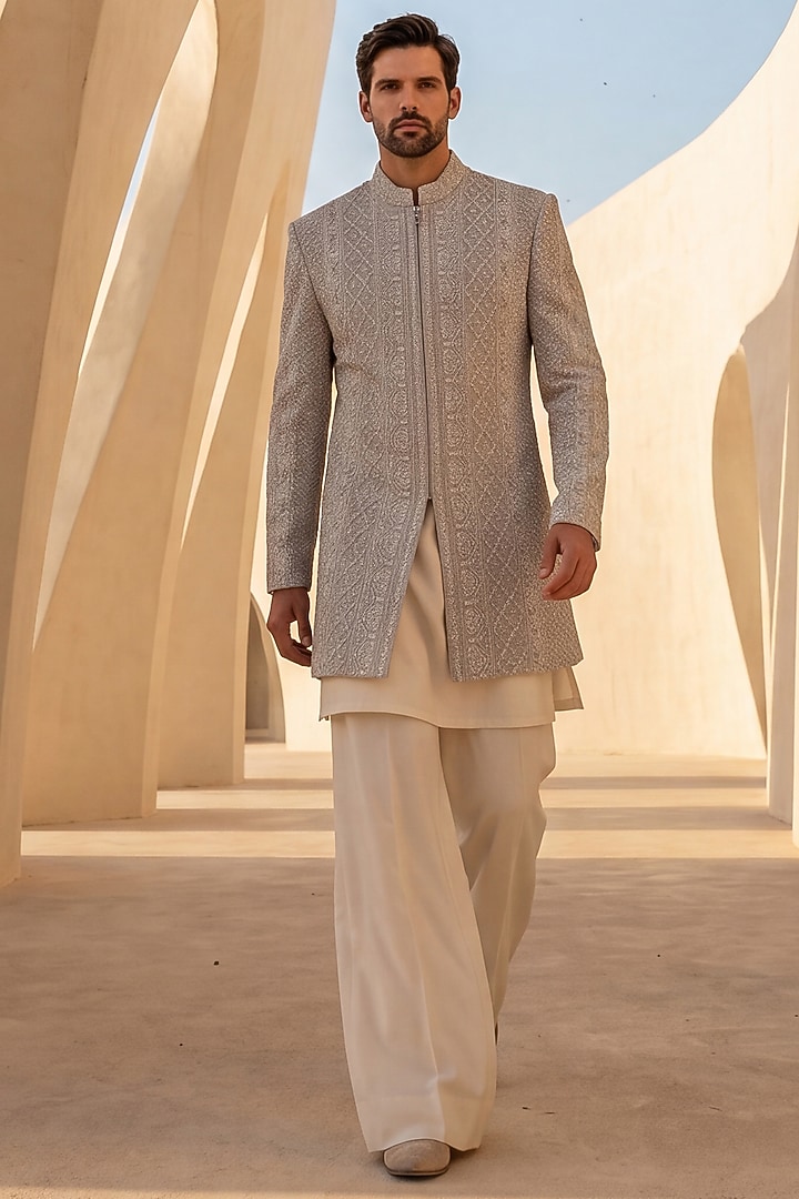 Beige Knit Tonal Embroidered Groom Indowestern Set by AMIT ARORA at Pernia's Pop Up Shop