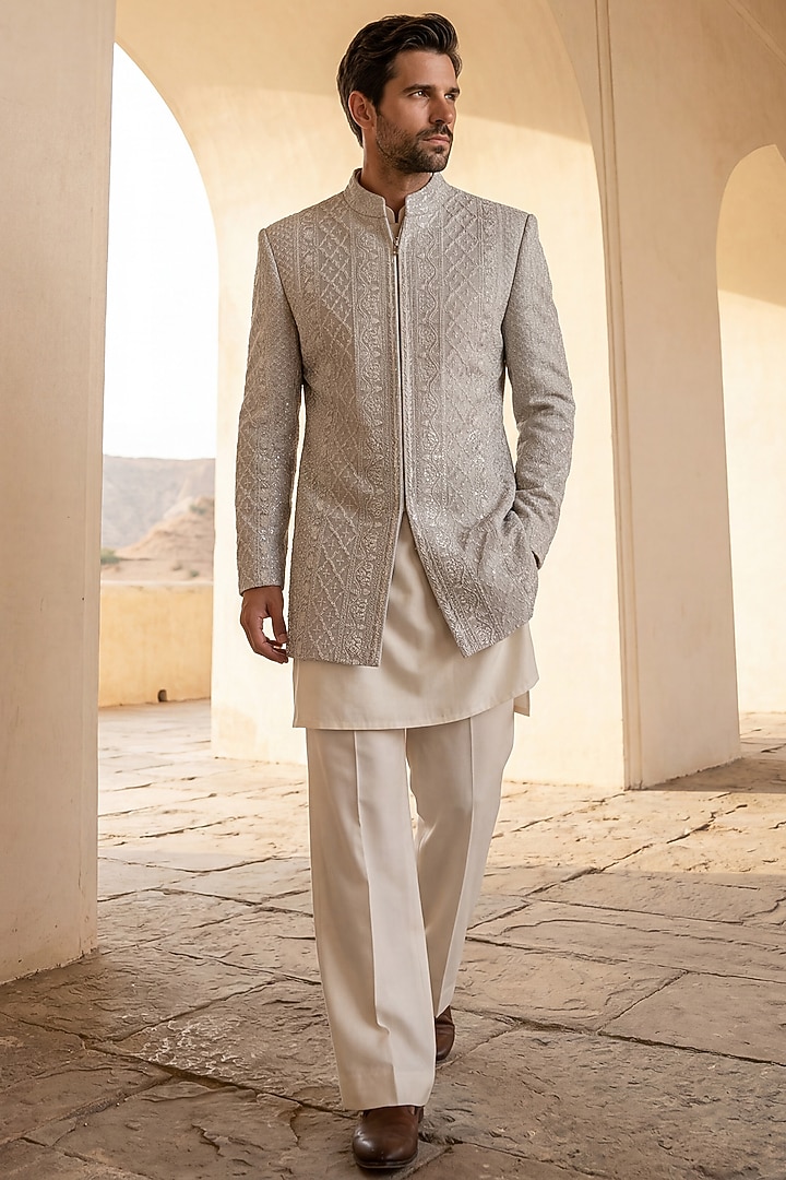 Beige Knit Tonal Embroidered Groom Indowestern Set by AMIT ARORA at Pernia's Pop Up Shop