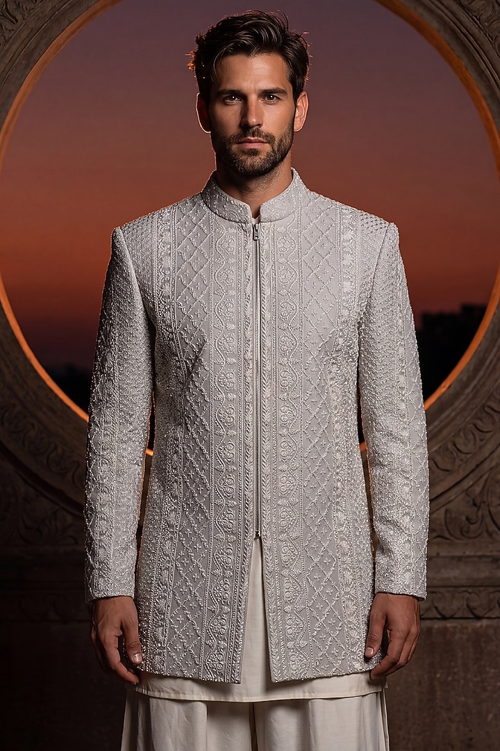 Beige Knit Tonal Embroidered Groom Indowestern Set by AMIT ARORA at Pernia's Pop Up Shop