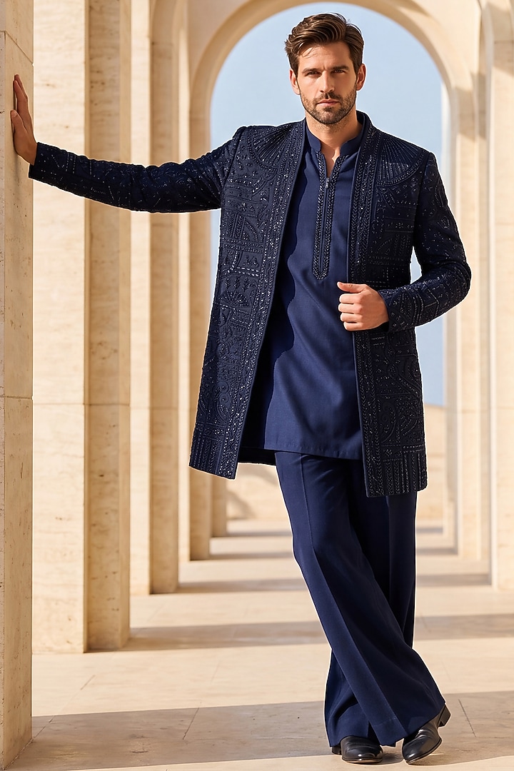 Navy Blue Knit Embroidered Groom Indowestern Set by AMIT ARORA at Pernia's Pop Up Shop