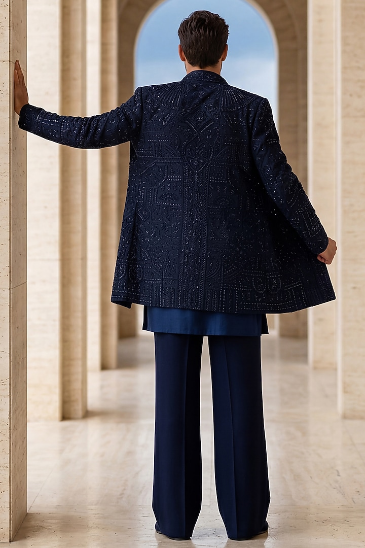 Navy Blue Knit Embroidered Groom Indowestern Set by AMIT ARORA at Pernia's Pop Up Shop