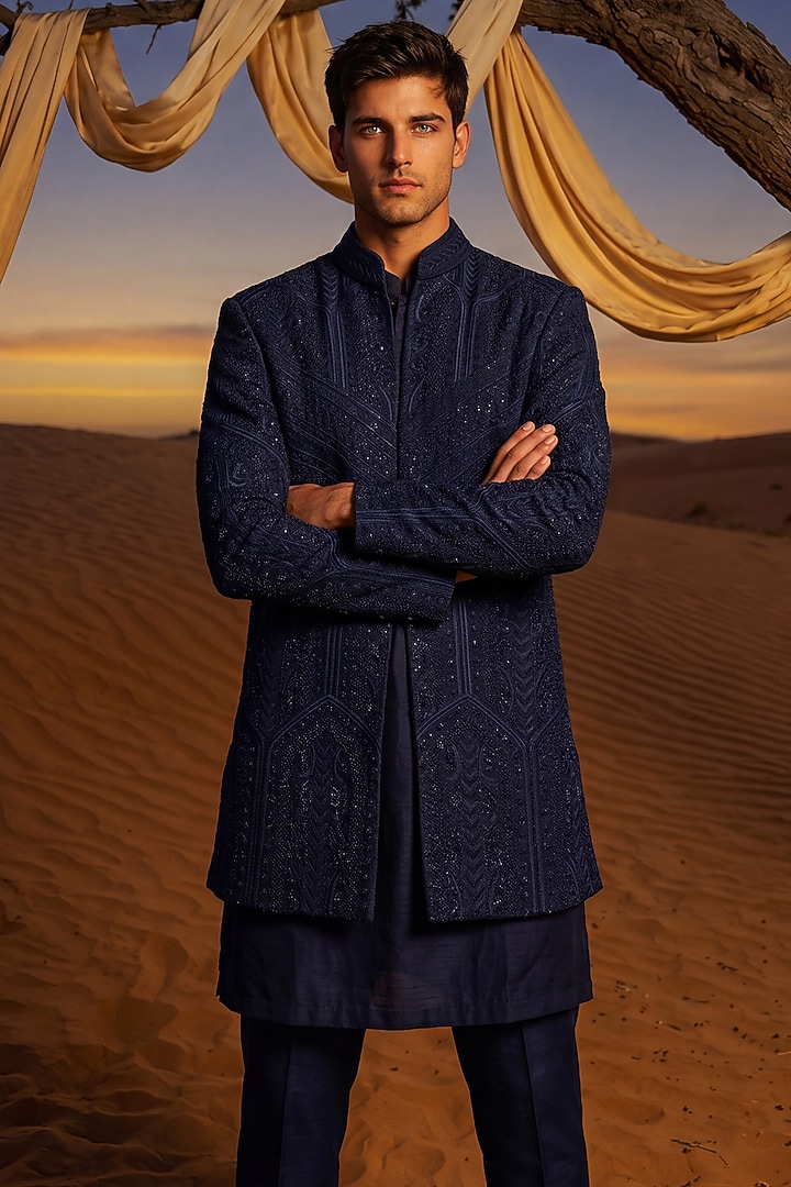 Navy Blue Knit Embroidered Groom Indowestern Set by AMIT ARORA at Pernia's Pop Up Shop