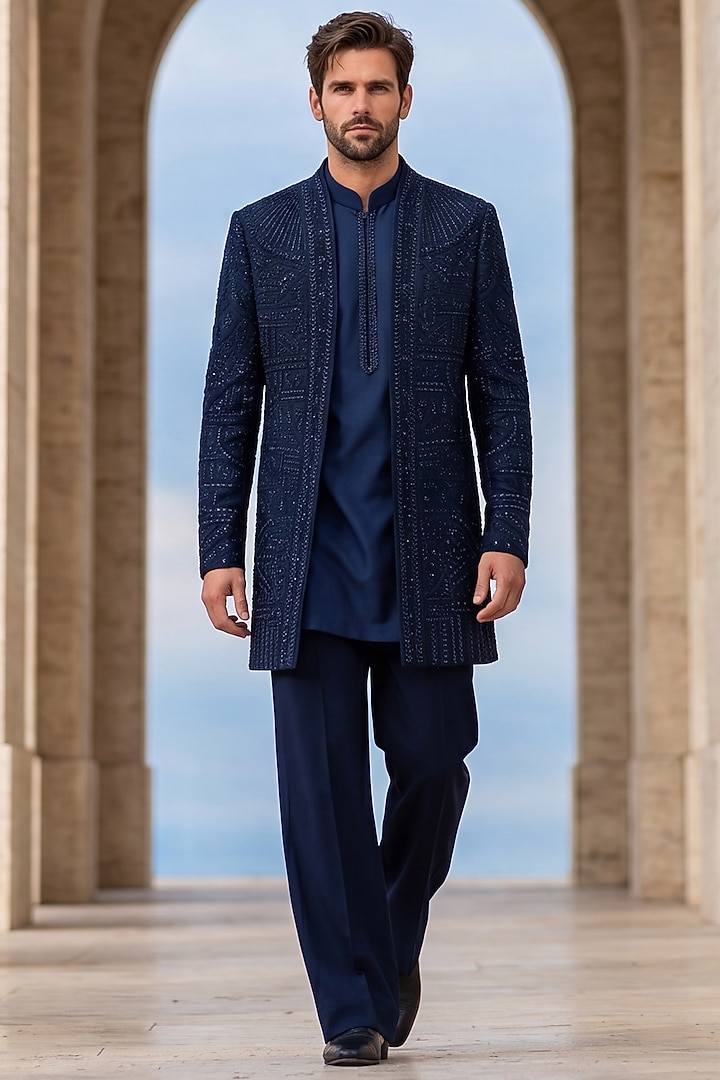 Navy Blue Knit Embroidered Groom Indowestern Set by AMIT ARORA at Pernia's Pop Up Shop