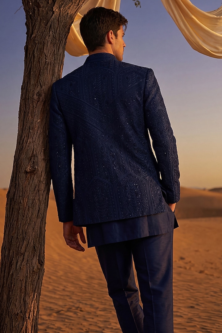 Navy Blue Knit Embroidered Groom Indowestern Set by AMIT ARORA at Pernia's Pop Up Shop