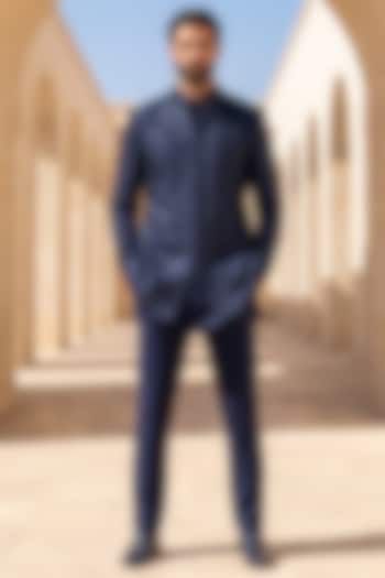 Navy Blue Crochet Embroidered Groom Indowestern Set by AMIT ARORA at Pernia's Pop Up Shop