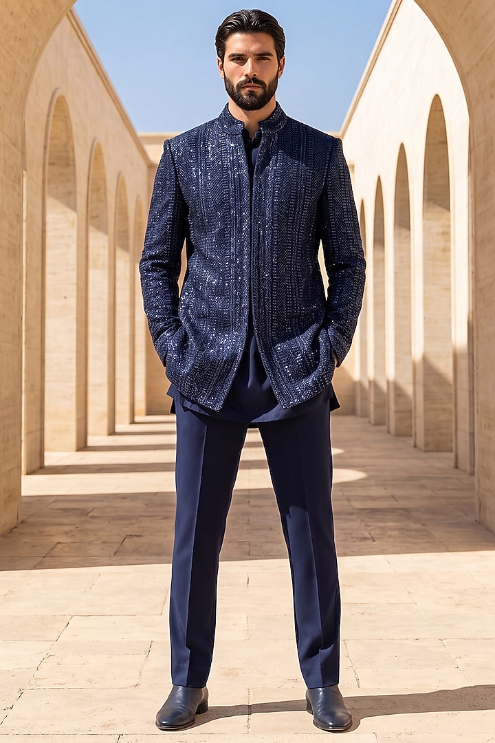 Navy Blue Crochet Embroidered Groom Indowestern Set by AMIT ARORA at Pernia's Pop Up Shop