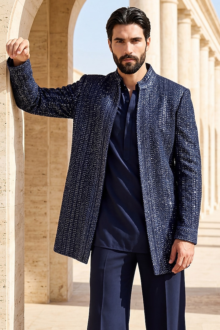 Navy Blue Crochet Embroidered Groom Indowestern Set by AMIT ARORA at Pernia's Pop Up Shop