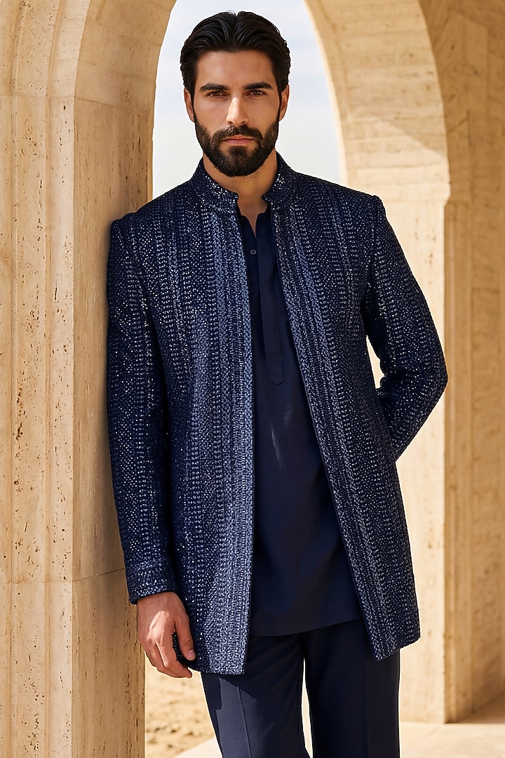Navy Blue Crochet Embroidered Groom Indowestern Set by AMIT ARORA at Pernia's Pop Up Shop