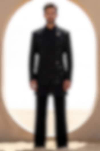 Black Twill Knit Embroidered Groom Indowestern Set by AMIT ARORA at Pernia's Pop Up Shop