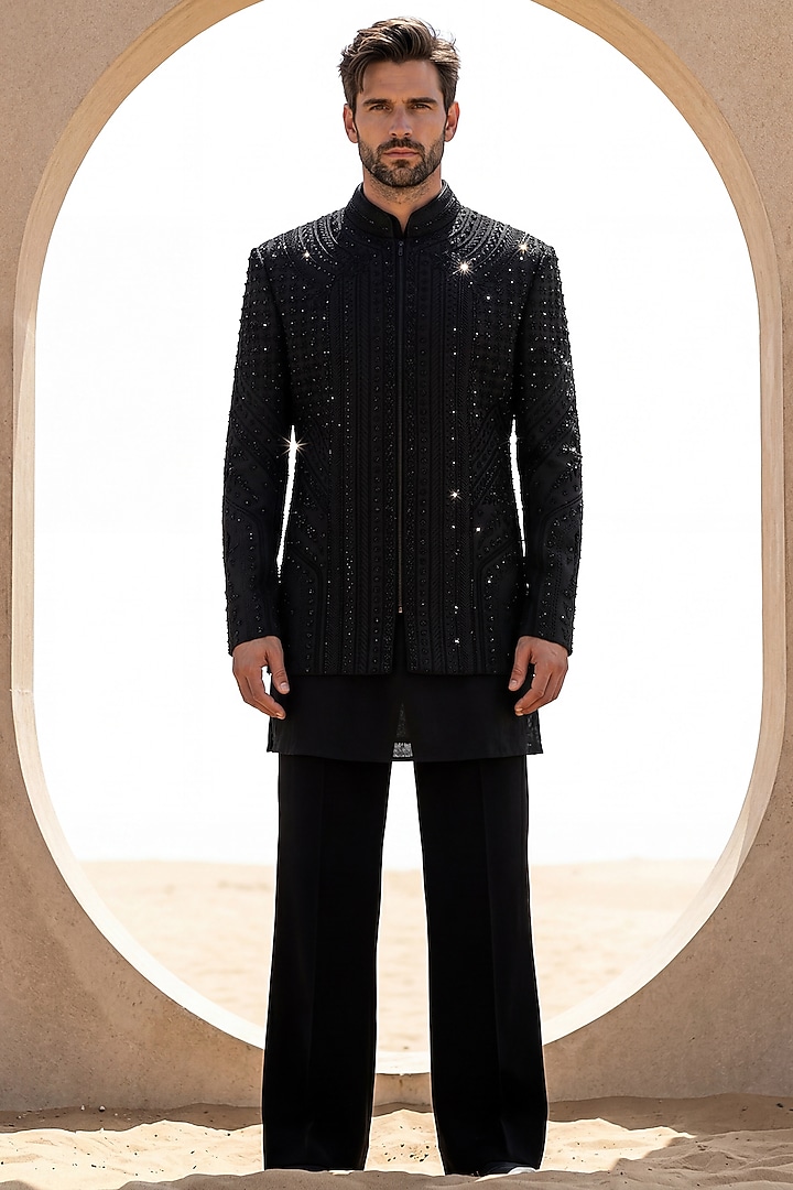 Black Twill Knit Embroidered Groom Indowestern Set by AMIT ARORA at Pernia's Pop Up Shop