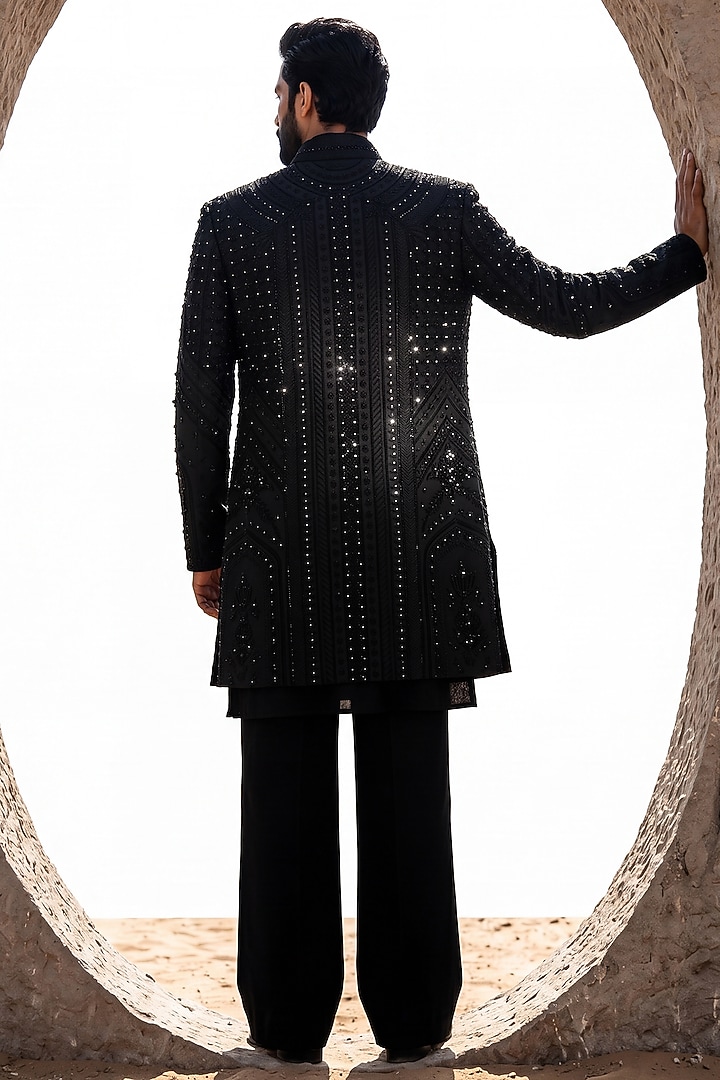 Black Twill Knit Embroidered Groom Indowestern Set by AMIT ARORA at Pernia's Pop Up Shop