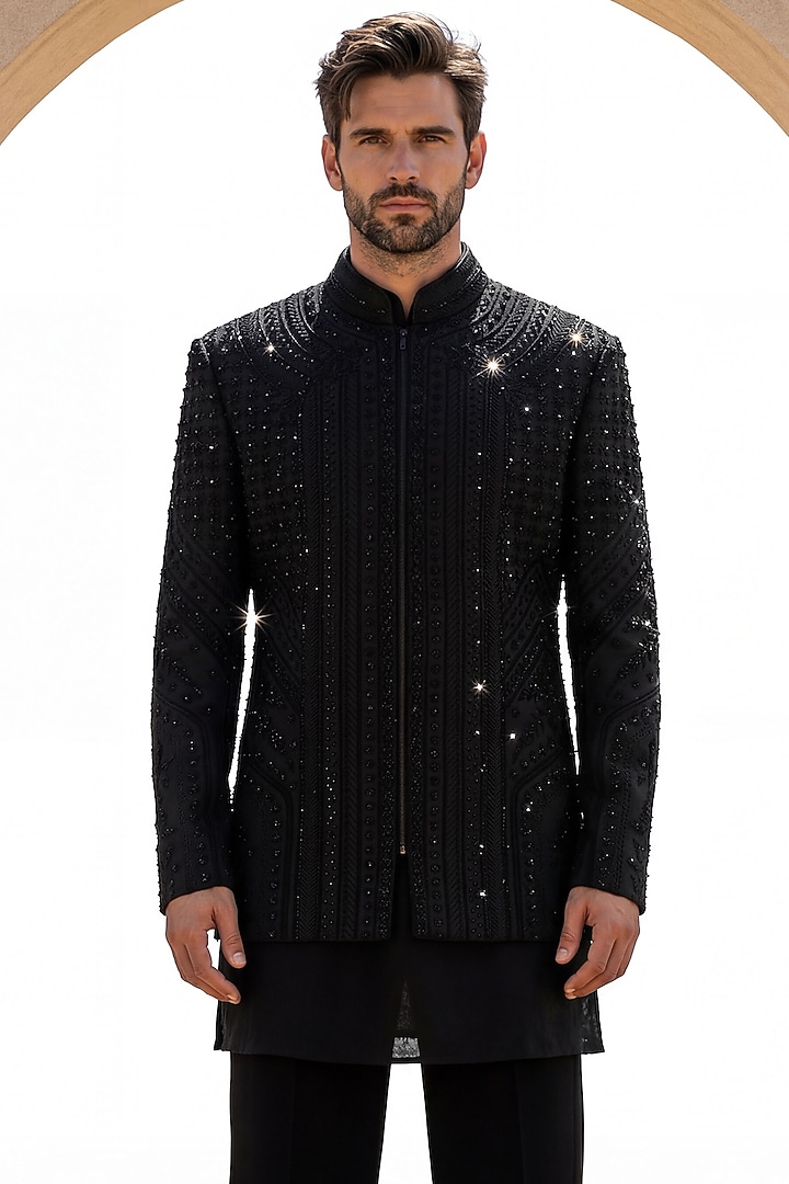 Black Twill Knit Embroidered Groom Indowestern Set by AMIT ARORA at Pernia's Pop Up Shop