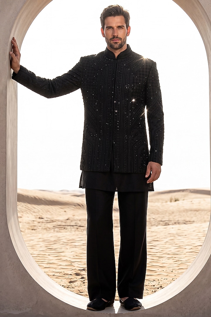 Black Twill Knit Embroidered Groom Indowestern Set by AMIT ARORA at Pernia's Pop Up Shop