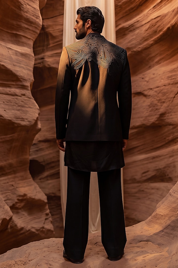 Black Knit Dori Embroidered Groom Indowestern Set by AMIT ARORA at Pernia's Pop Up Shop