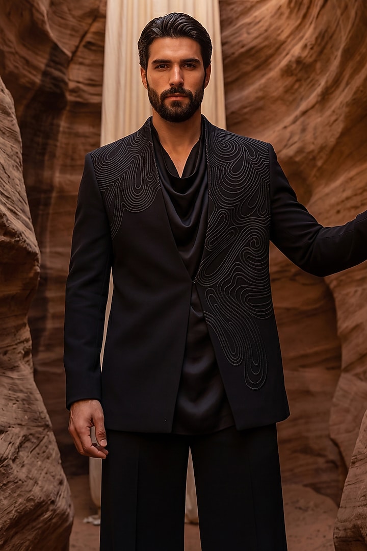 Black Knit Dori Embroidered Groom Indowestern Set by AMIT ARORA at Pernia's Pop Up Shop