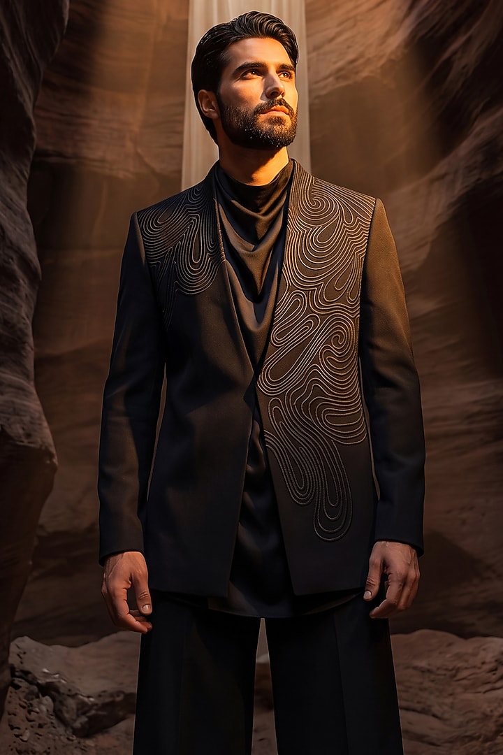 Black Knit Dori Embroidered Groom Indowestern Set by AMIT ARORA at Pernia's Pop Up Shop