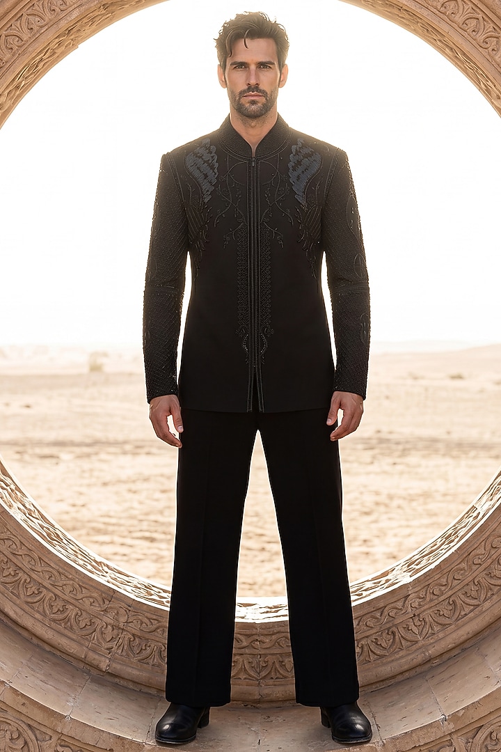 Black Knit Wedding Bandhgala Set by AMIT ARORA at Pernia's Pop Up Shop
