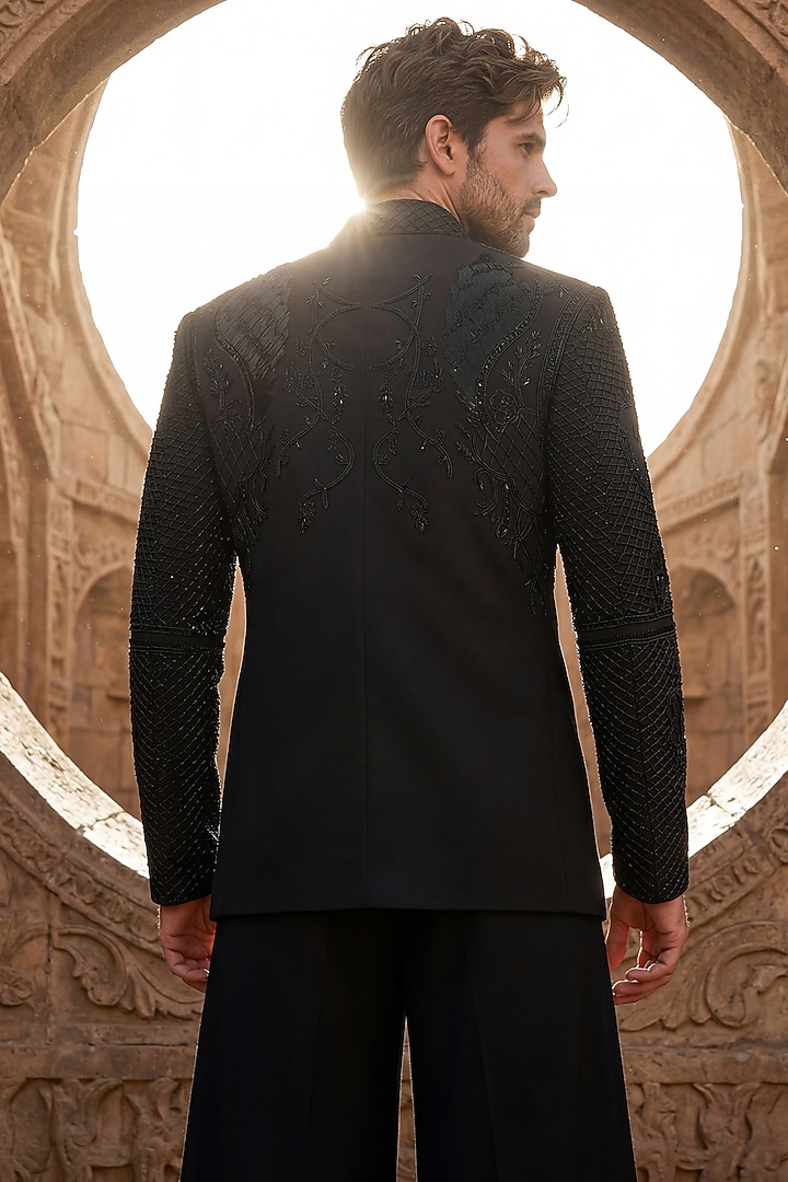 Black Knit Wedding Bandhgala Set by AMIT ARORA at Pernia's Pop Up Shop