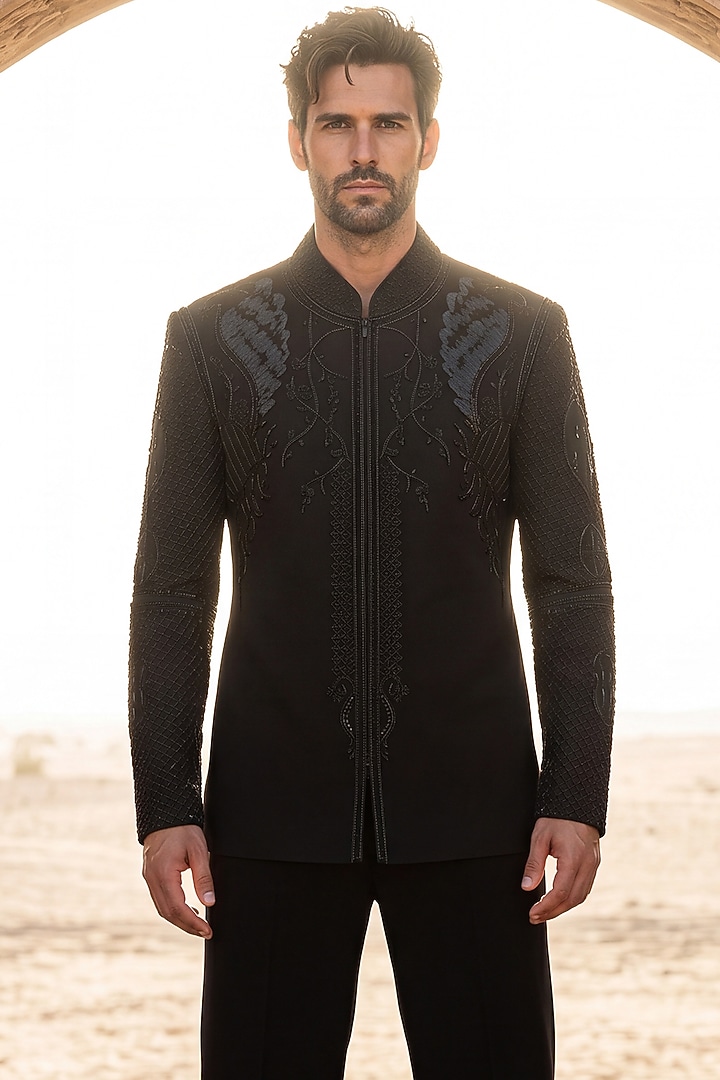 Black Knit Wedding Bandhgala Set by AMIT ARORA at Pernia's Pop Up Shop