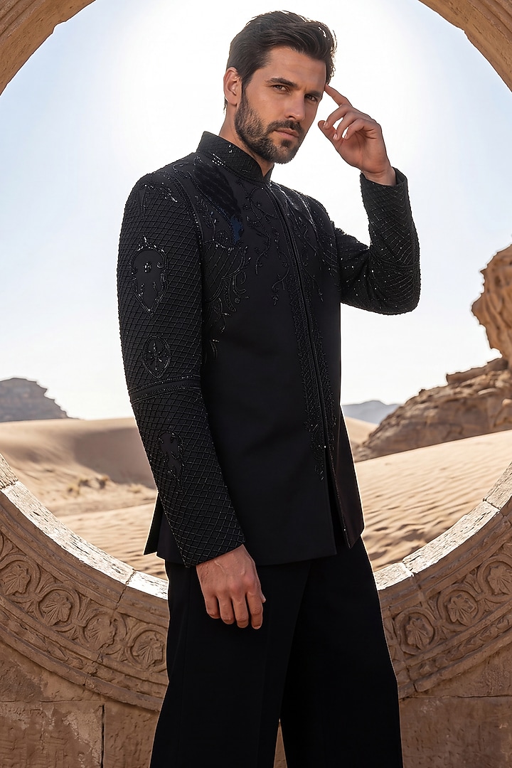 Black Knit Wedding Bandhgala Set by AMIT ARORA at Pernia's Pop Up Shop