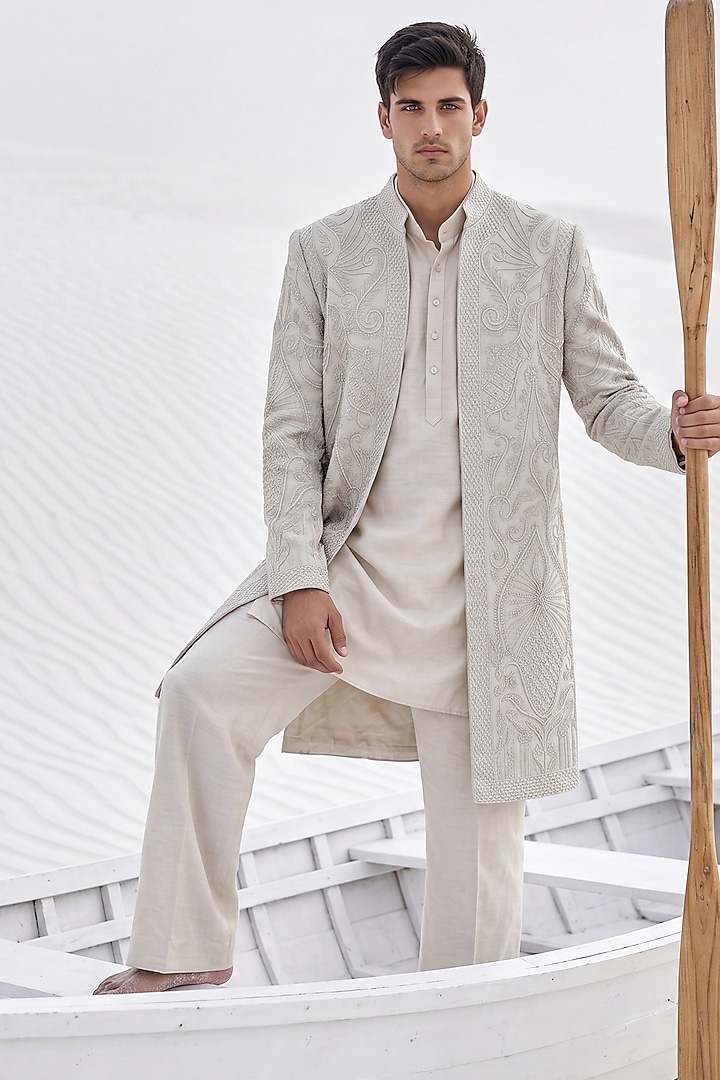 Khaki Textured Knit Embroidered Groom Indowestern Set by AMIT ARORA at Pernia's Pop Up Shop