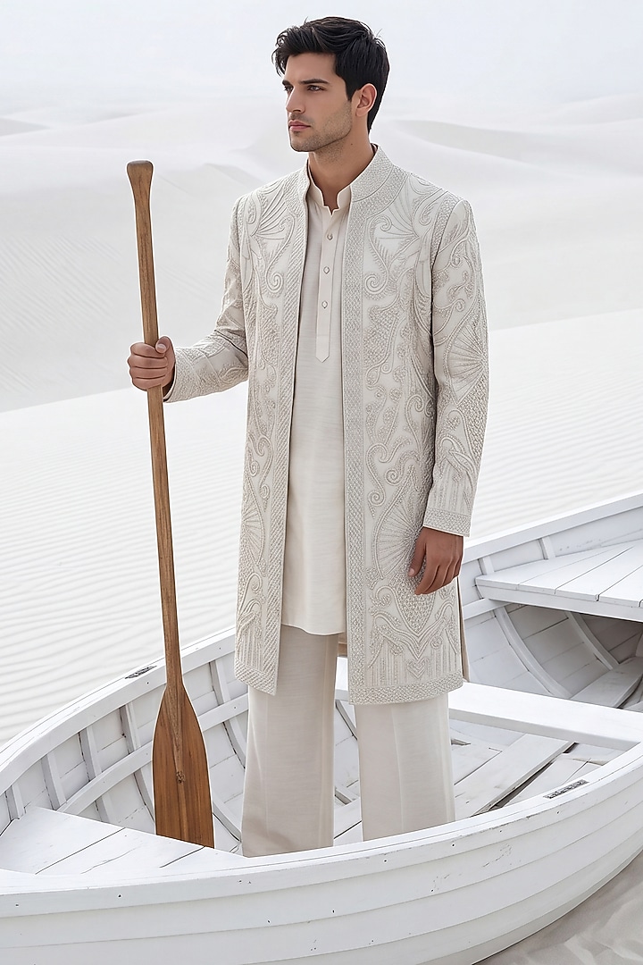 Khaki Textured Knit Embroidered Groom Indowestern Set by AMIT ARORA at Pernia's Pop Up Shop