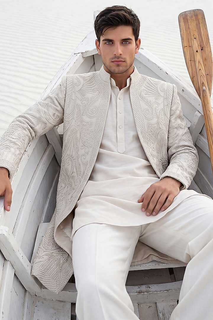 Khaki Textured Knit Embroidered Groom Indowestern Set by AMIT ARORA at Pernia's Pop Up Shop