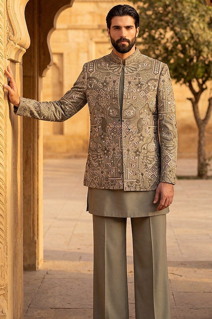 Olive Green Twill Knit Embroidered Groom Indowestern Set by AMIT ARORA at Pernia's Pop Up Shop