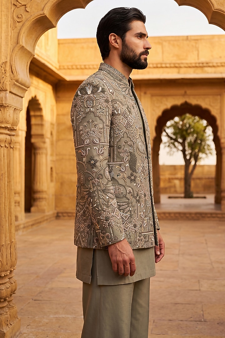 Olive Green Twill Knit Embroidered Groom Indowestern Set by AMIT ARORA at Pernia's Pop Up Shop