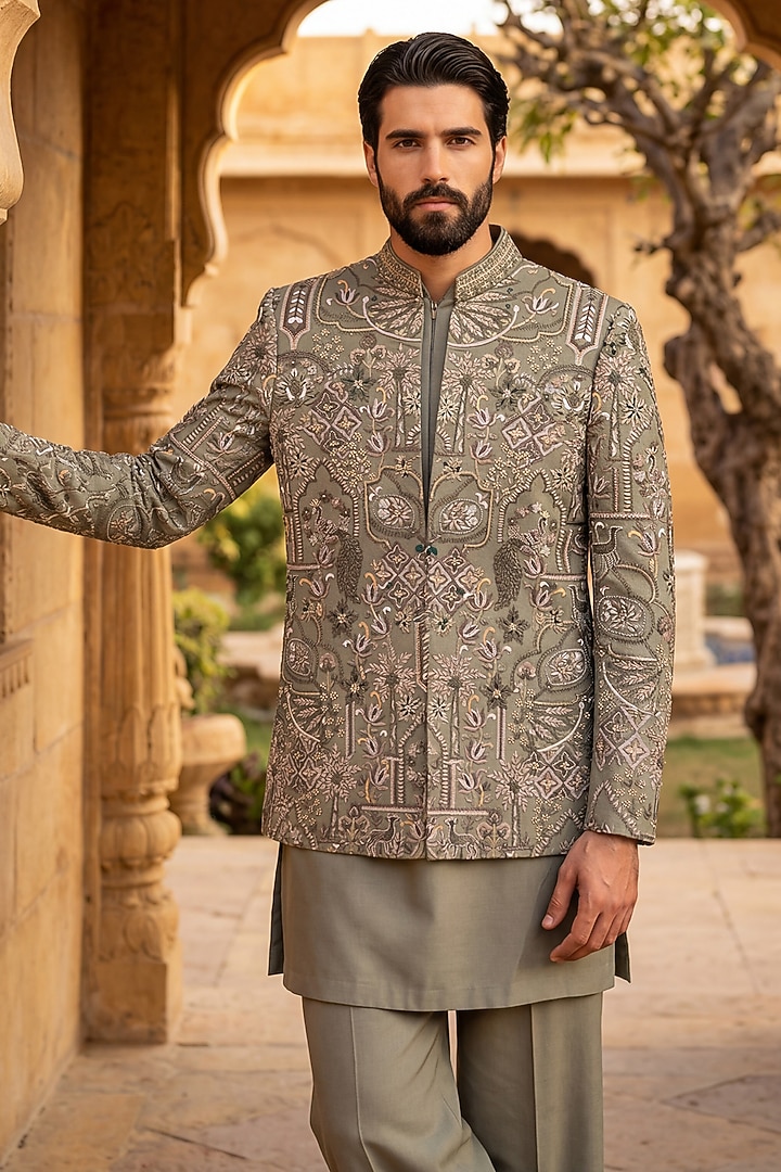 Olive Green Twill Knit Embroidered Groom Indowestern Set by AMIT ARORA at Pernia's Pop Up Shop